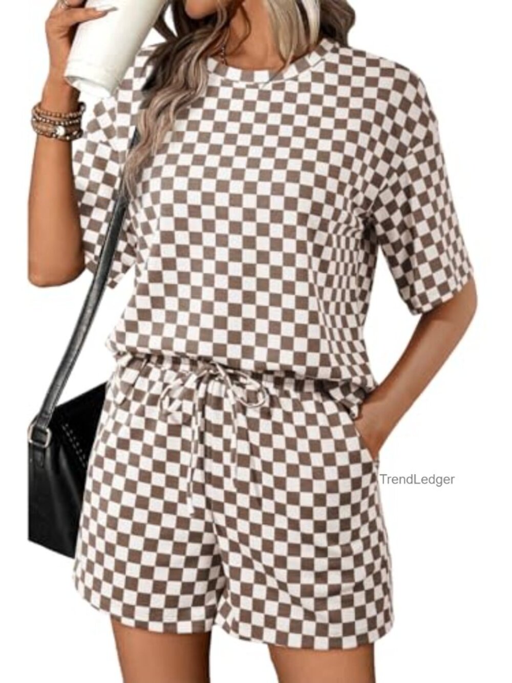 Plaid 2 Piece Short Set Matching Lounge Sweatsuit Crew Neck Pockets